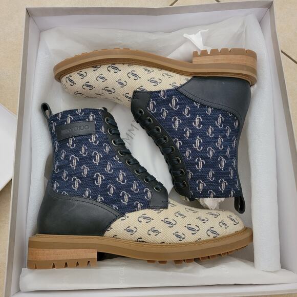 Jimmy Choo Mens Turing Lace Up Combat Boots Logo Monogram Blue Ankle 7.5 40.5 - Picture 3 of 11